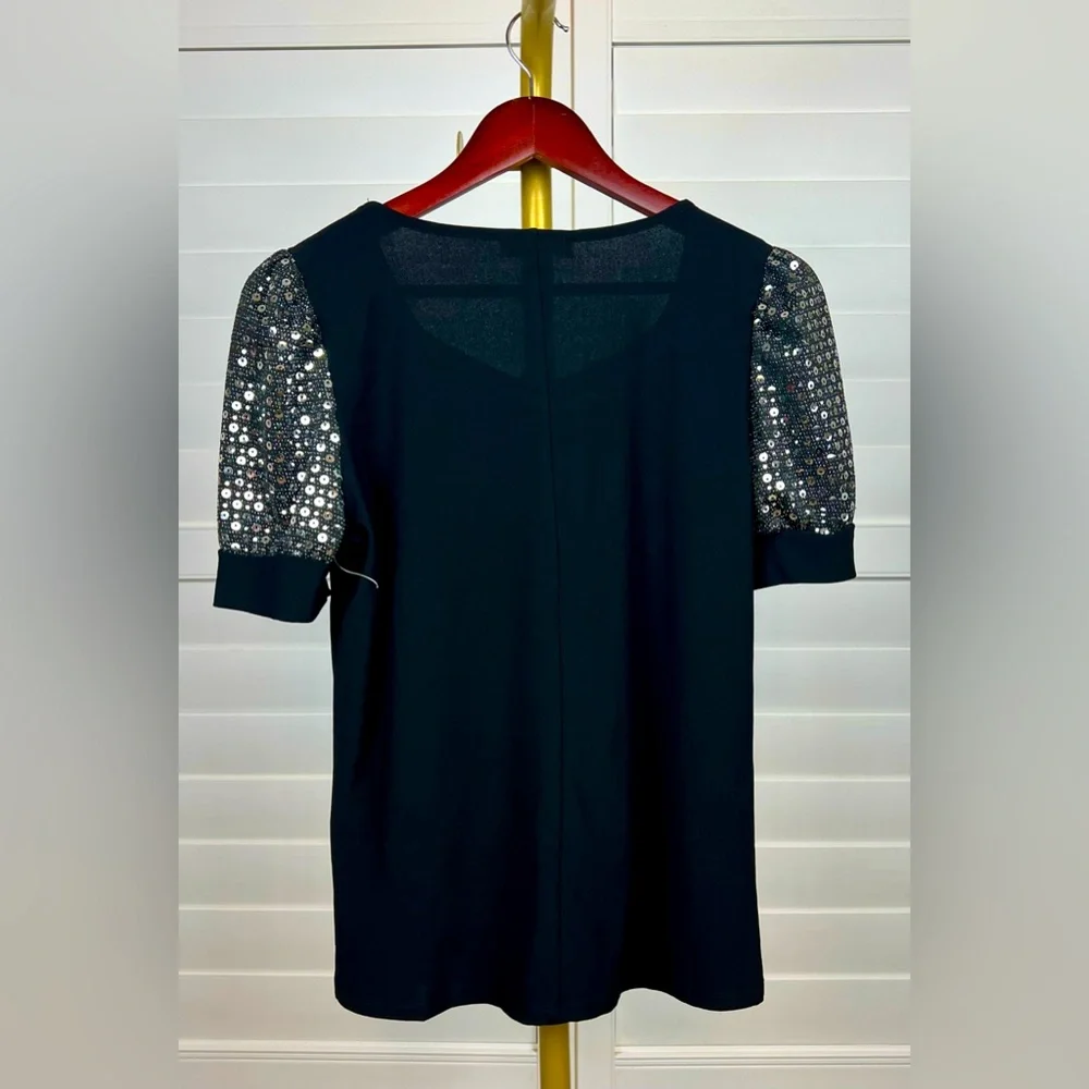 Black Top w/Silver Sequined Sleeves Sz P-M, by 89Th+ Madison - Picture 2 of 6